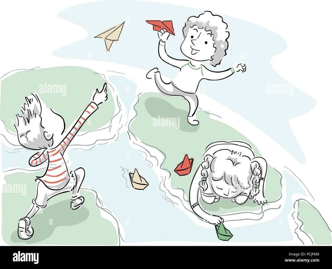 Illustration of Kids Playing with Paper Boats and Planes on Top of the Earth Stock Photo