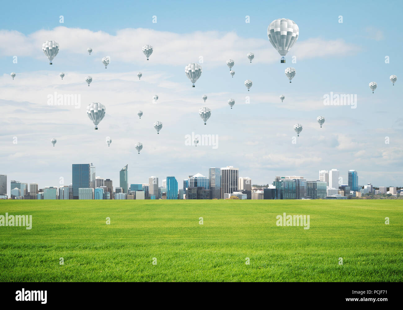 Concept of eco green life with aerostats flying above city Stock Photo ...