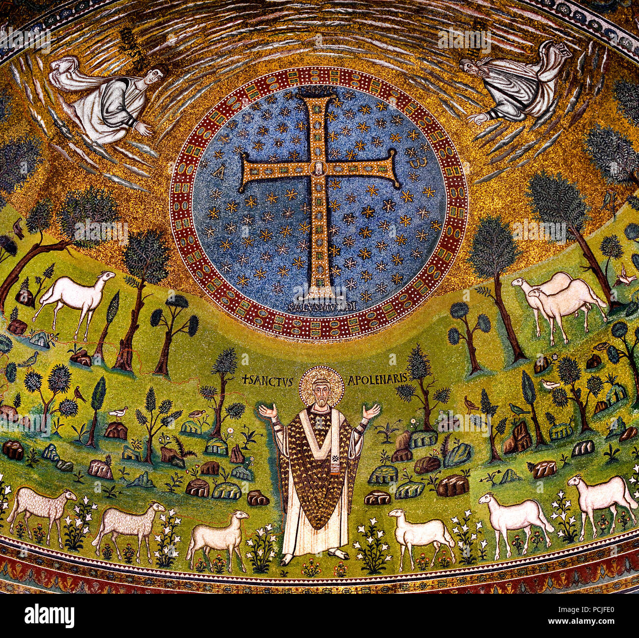67th century Byzantine mosaics in Sant' Apollinare in Classe, apse with Christ and flock of