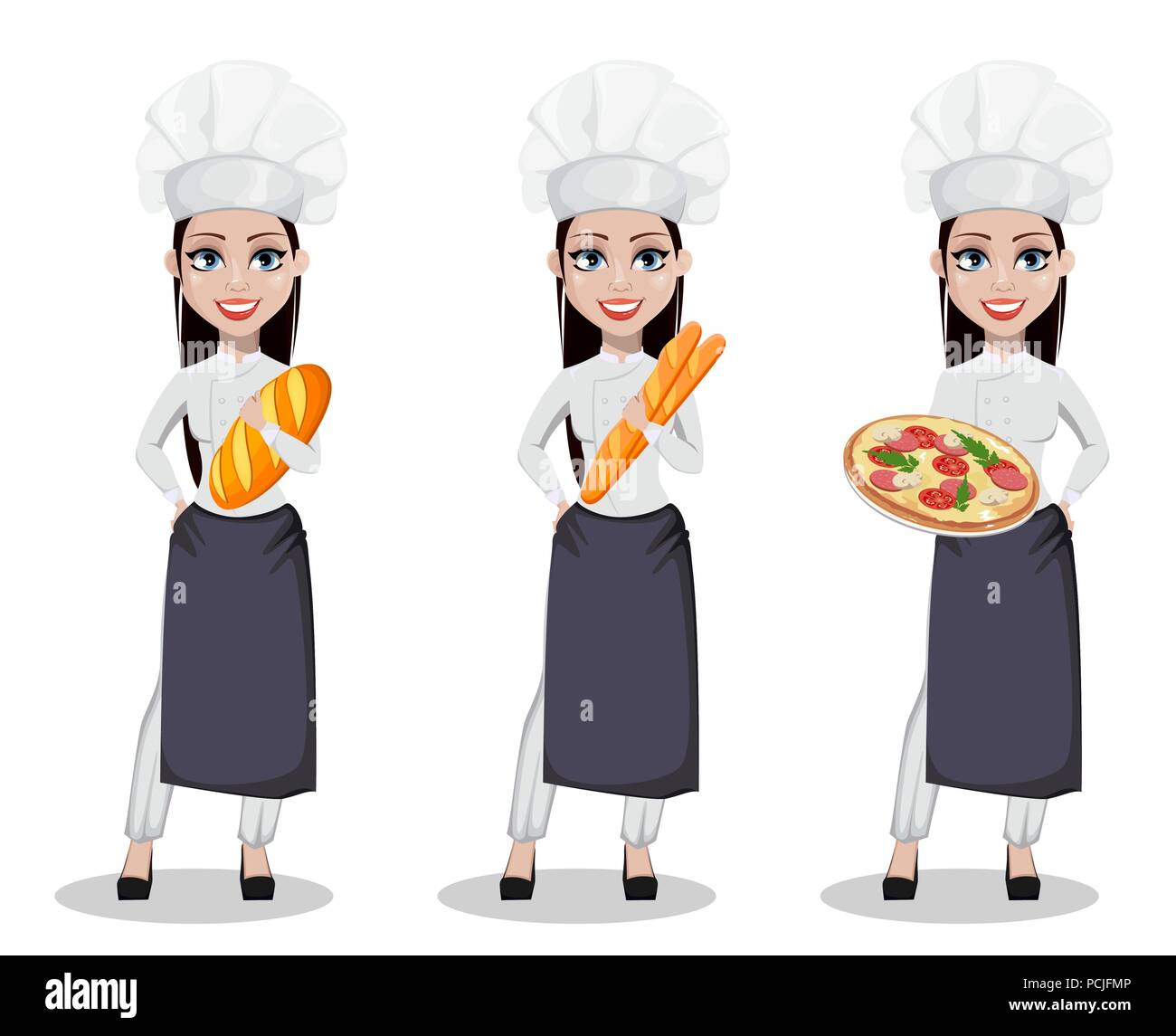 Beautiful baker woman in professional uniform and chef hat, set of three poses. Cheerful cartoon character holding fresh loaf, holding baguette and ho Stock Vector