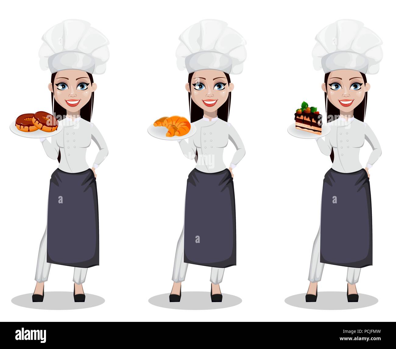 Beautiful baker woman in professional uniform and chef hat, set of three poses. Cheerful cartoon character holding donuts, holding croissants and hold Stock Vector