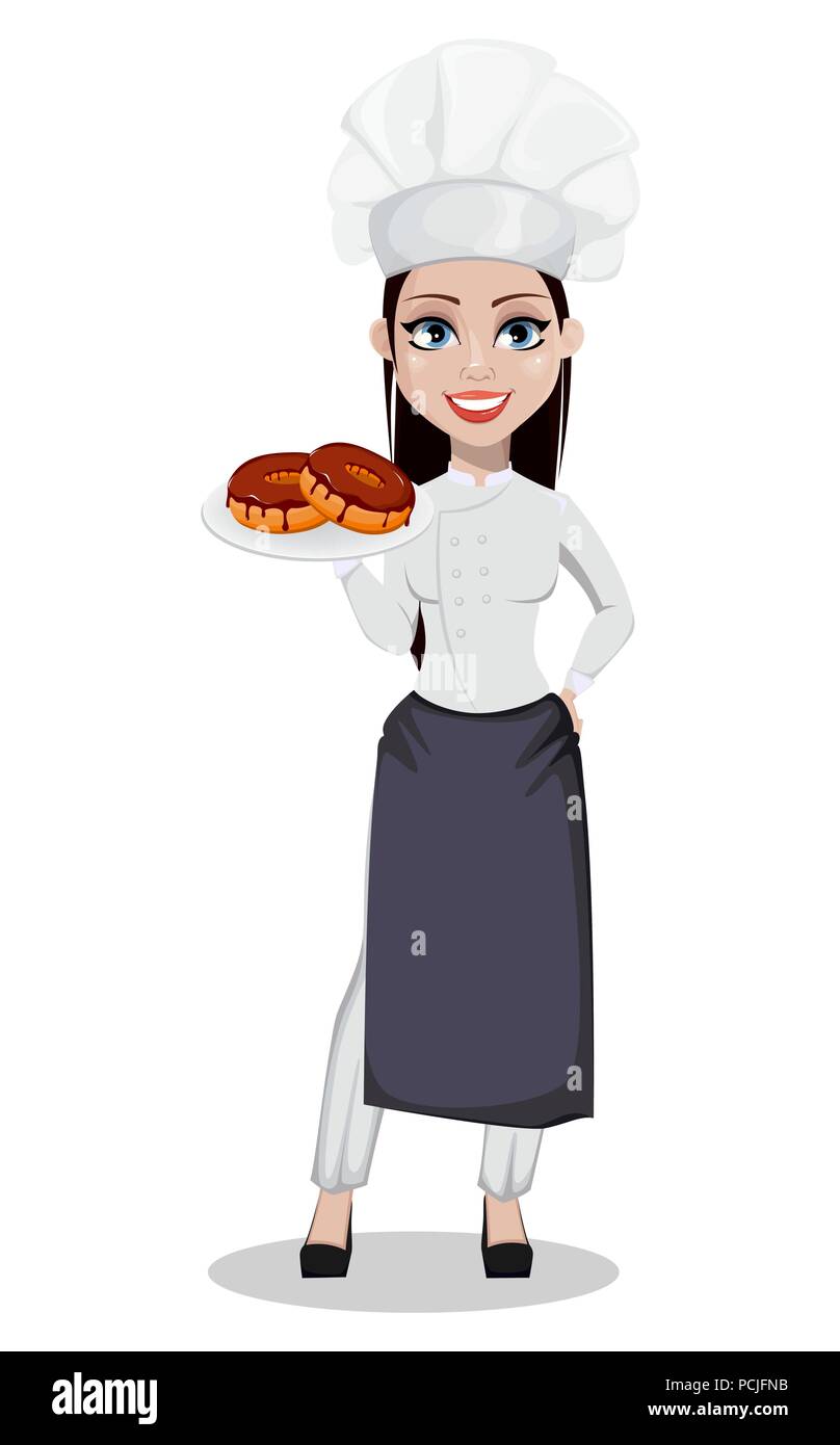 Beautiful girl chef cook holds a dish in her hands.Cooking concept.Cooking  logo.Vector illustration. Stock Vector