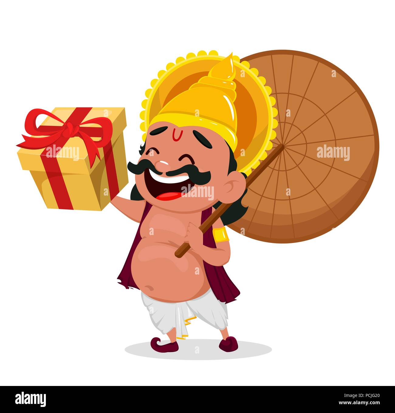 Onam celebration. King Mahabali holding umbrella and gift box, cheerful  cartoon character. Happy Onam festival in Kerala. Vector illustration Stock  Vector Image & Art - Alamy