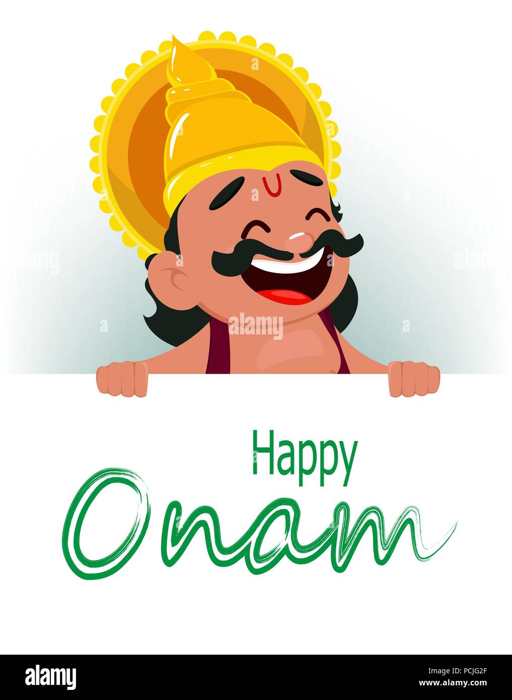Onam celebration. King Mahabali holding placard with greetings, cheerful  cartoon character. Happy Onam festival in Kerala. Vector illustration Stock  Vector Image & Art - Alamy
