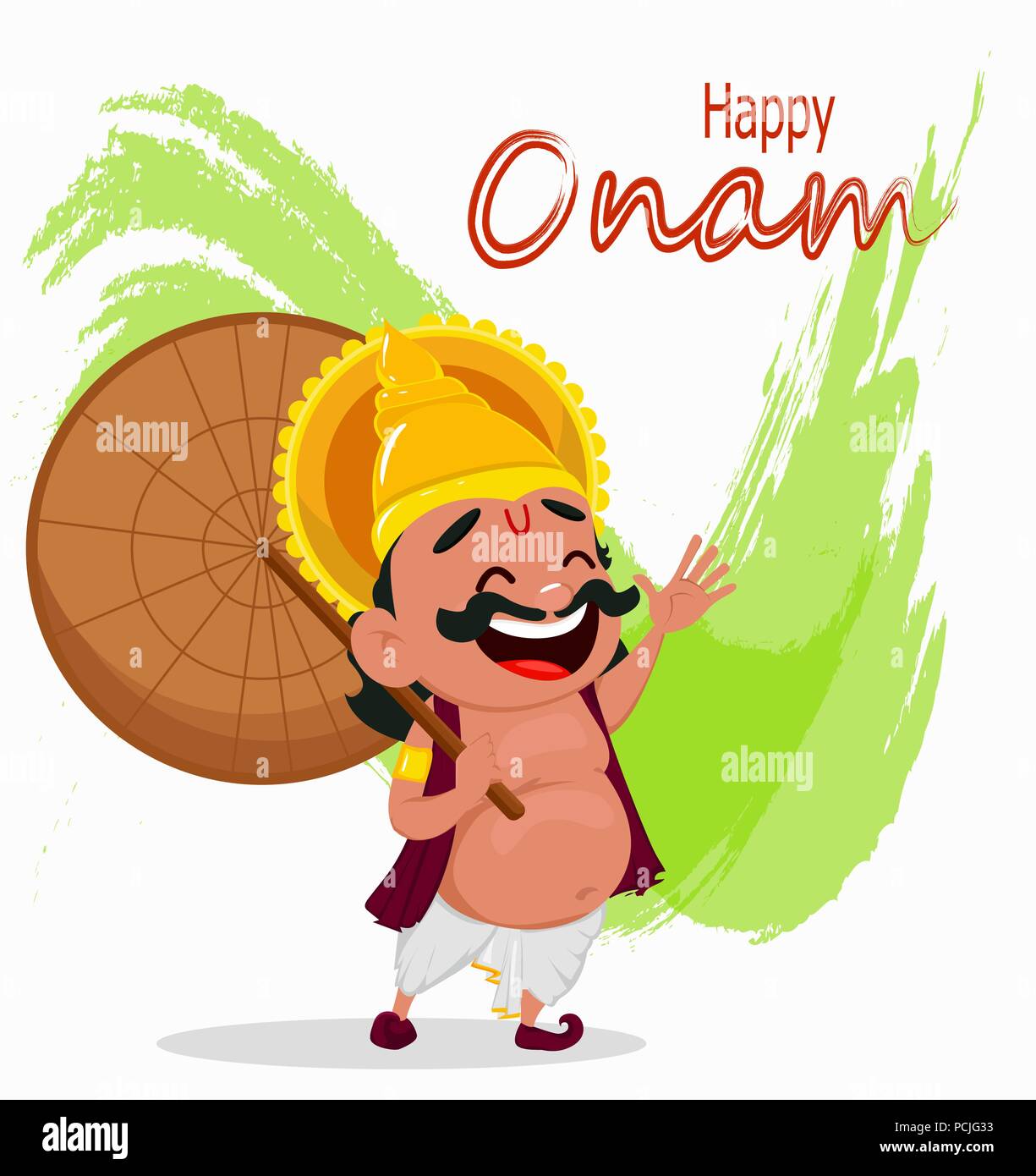 Onam celebration. King Mahabali holding umbrella, cheerful cartoon  character. Happy Onam festival in Kerala. Vector illustration on abstract  backgroun Stock Vector Image & Art - Alamy