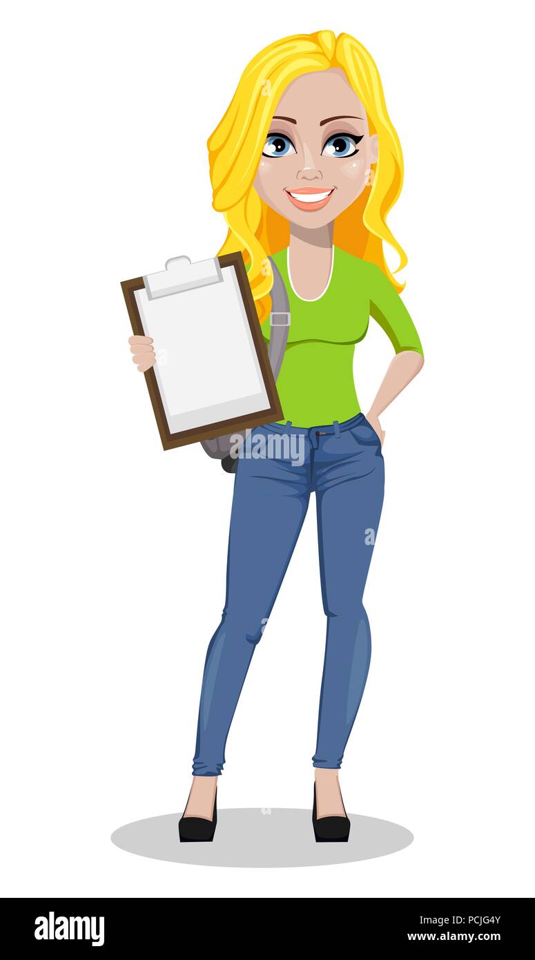 Happy student with backpack. Beautiful female cartoon character holding  clipboard. Back to school. Vector illustration on white background Stock  Vector Image & Art - Alamy
