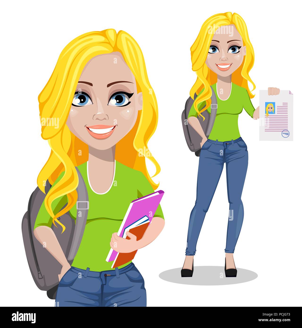 Happy student with backpack, set of two poses. Beautiful female cartoon character holding books and holding signed document. Back to school. Vector il Stock Vector Image & Art - Alamy Happy student with backpack, set of two poses. Beautiful female cartoon character holding books and holding signed document. Back to school. Vector il Stock Vector Image & Art - Alamy