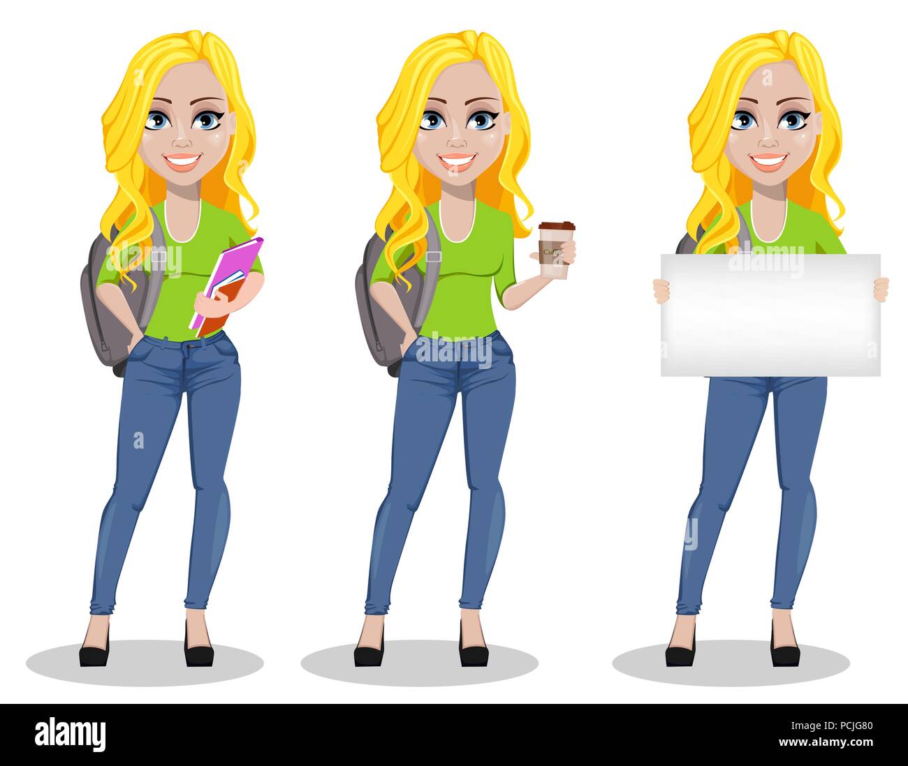 Happy student with backpack, set of three poses. Beautiful female cartoon character holding books, holding coffee and holding blank placard. Back to s Stock Vector