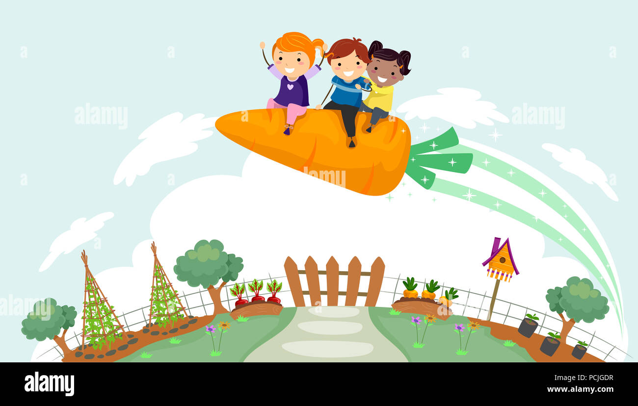 Illustration of Stickman Kids Riding a Carrot Rocket Flying Over a Garden Below Stock Photo