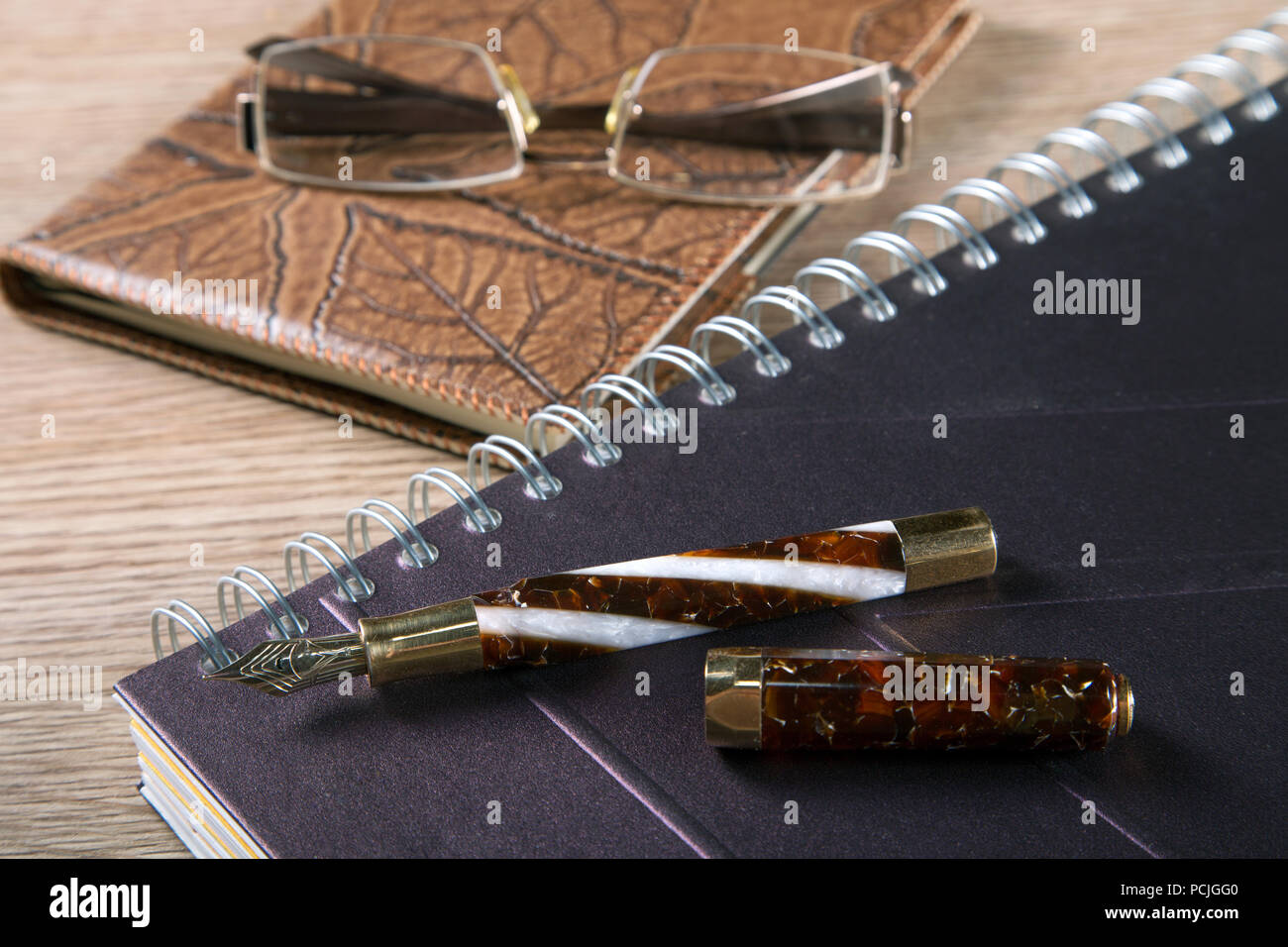 fountain pens and diaries with leather cover business still life Stock Photo