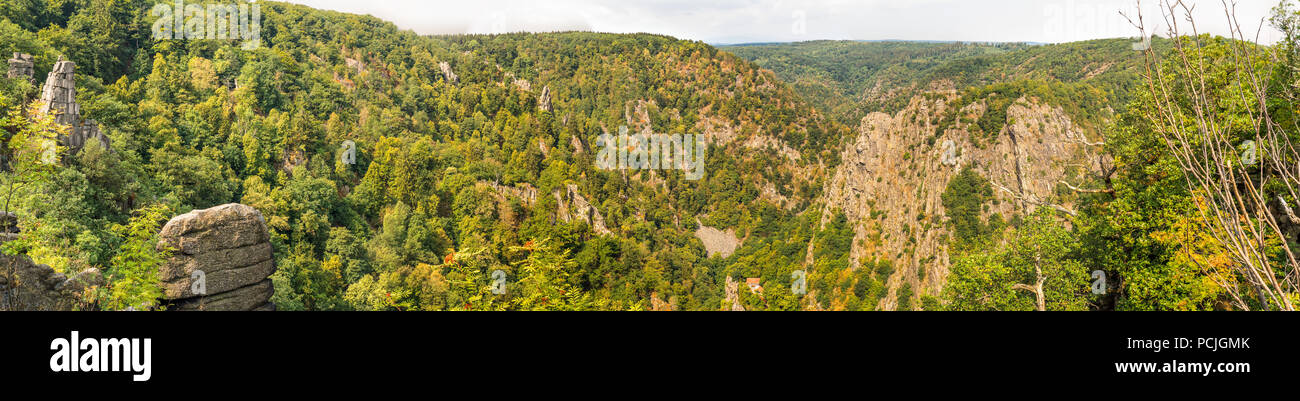 Panorama in high resolution from the view over the Bodetal with the Rosstrappe near Thale, Harz, Germany Stock Photo
