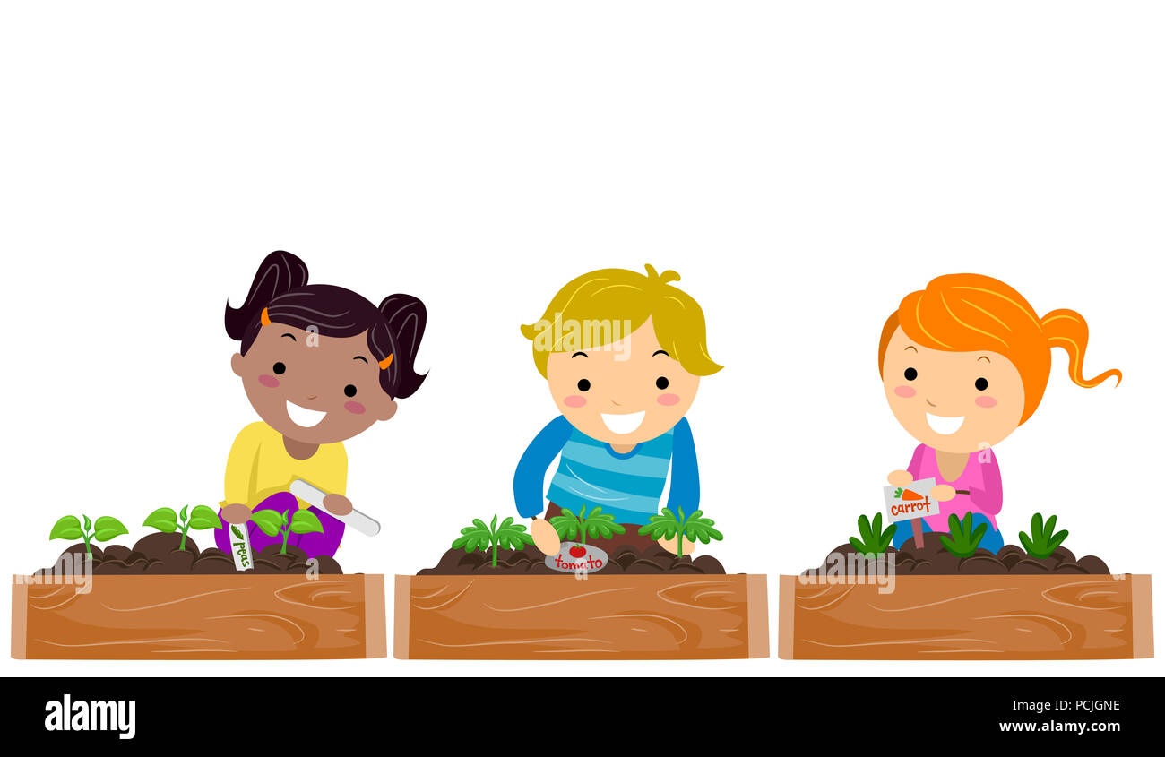 Illustration of Stickman Kids Placing Plant Markers in the Garden Stock
