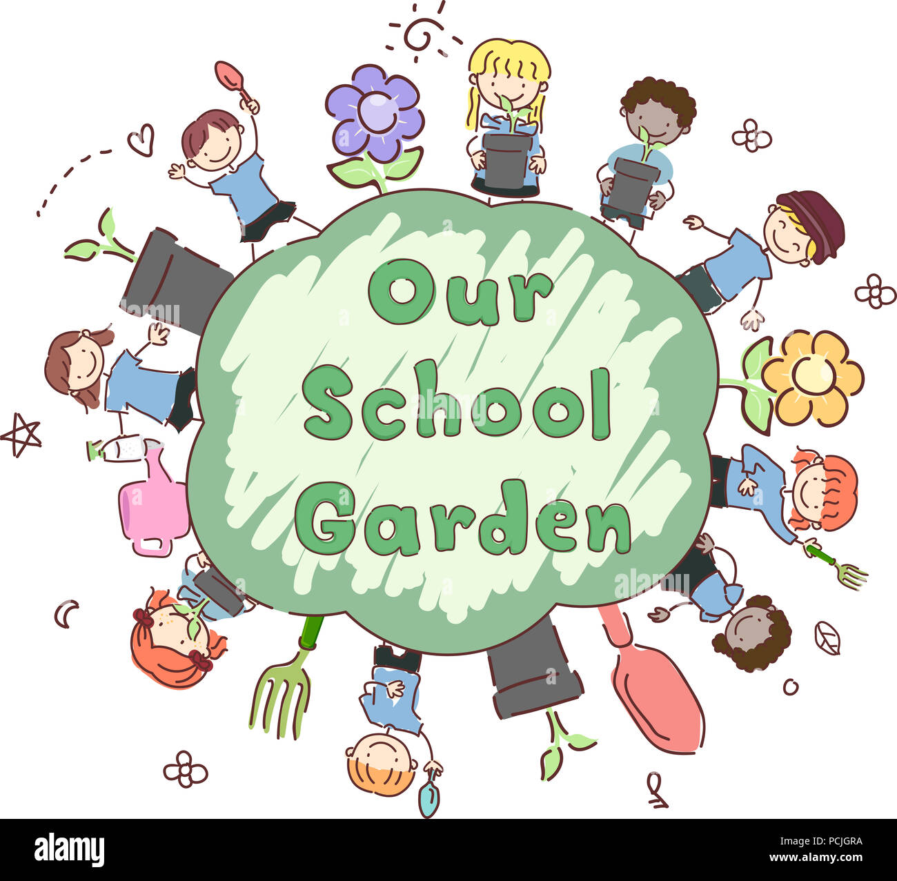 Illustration Of Stickman Kids Holding Gardening Tools Around A