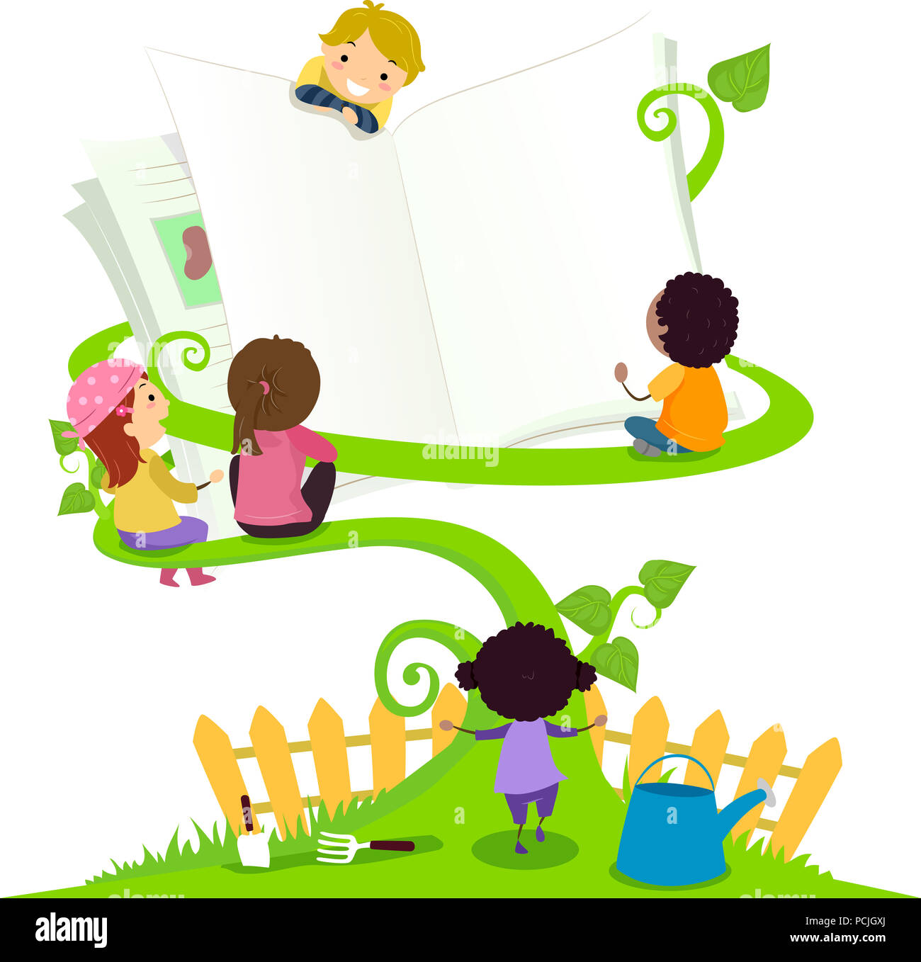 Illustration of Stickman Kids Reading an Open Book Sitting in the Vines