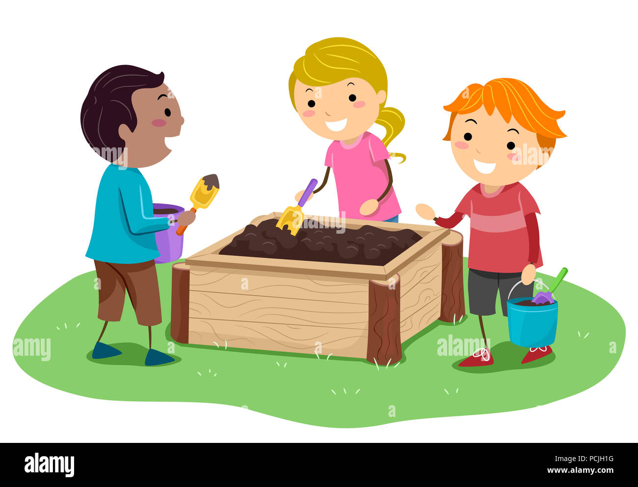 Illustration of Stickman Kids Playing with Mud in the Mud Box in the Garden Stock Photo