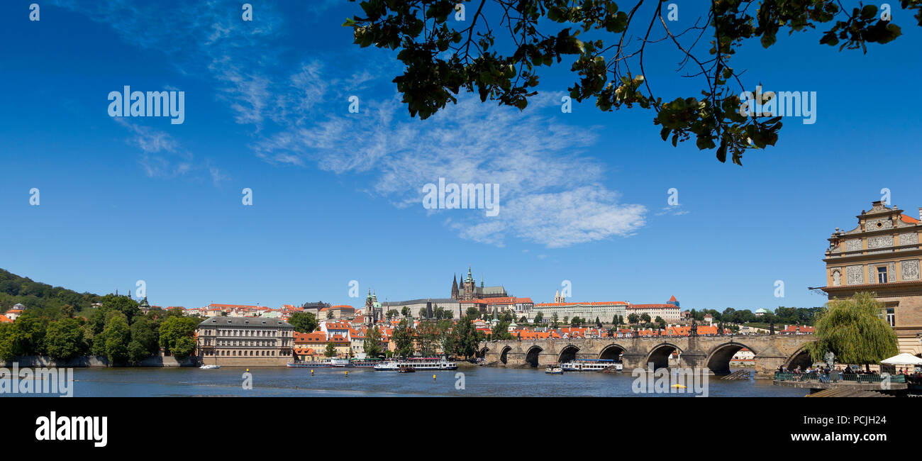 The Vltava is the longest river within the Czech Republic. The Charles bridge, bright sunny day Stock Photo