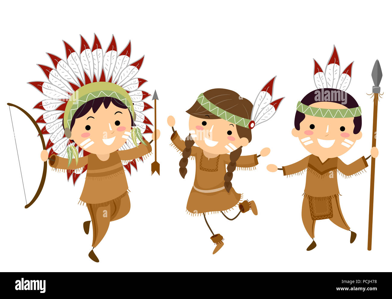 Illustration of Stickman Kids Wearing Native American Indian Clothes and Holding Hunting Tools Stock Photo