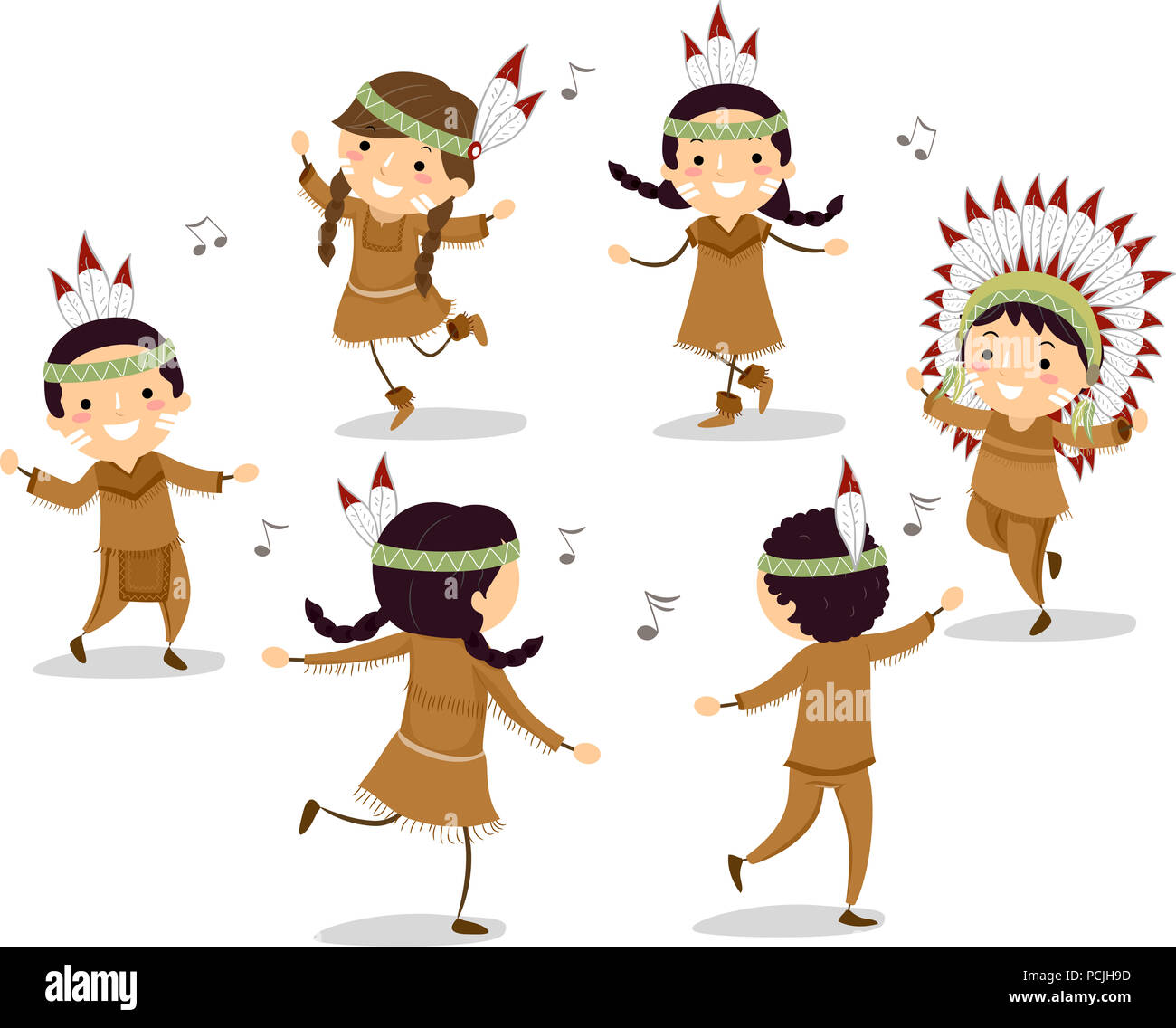 Illustration of Native American Stickman Kids Dancing in Circle to Music Stock Photo