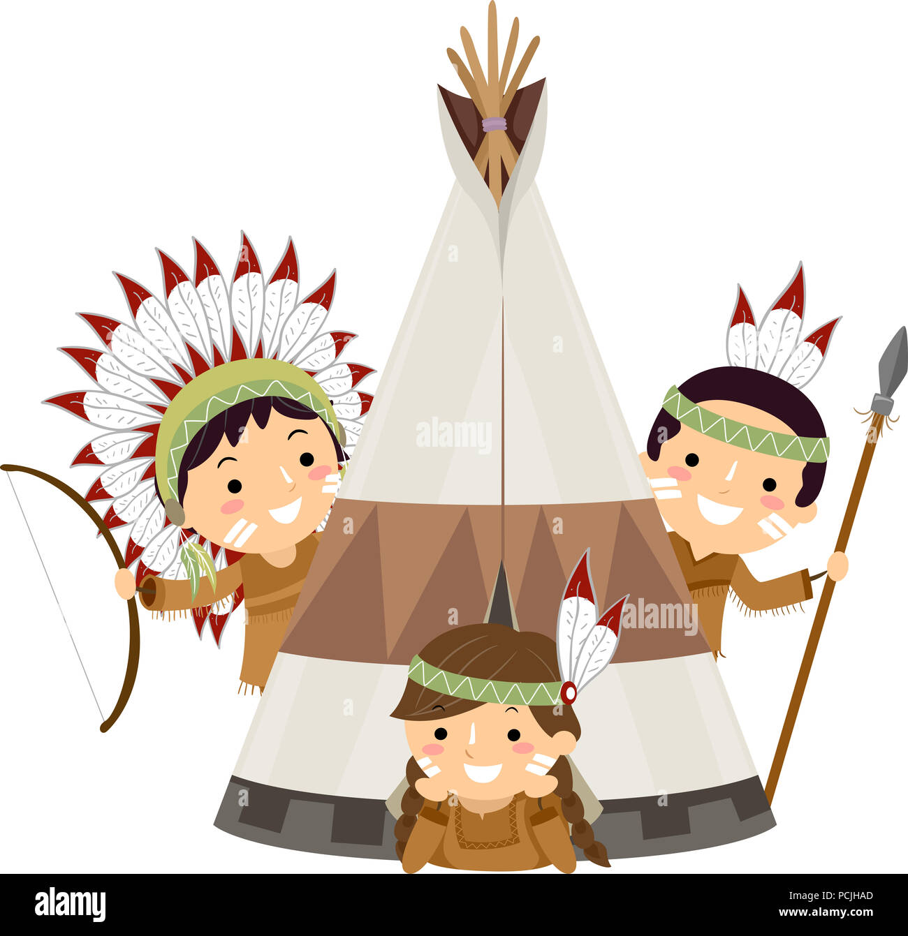Illustration of Native American Indian Kids with Bow, Arrow, Spear and a Tent Stock Photo