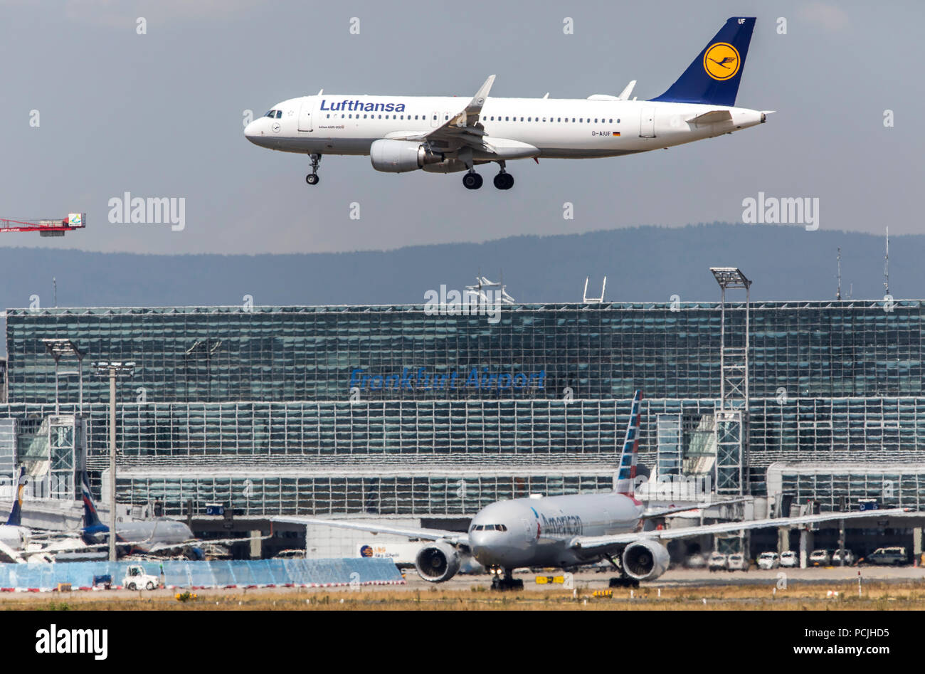 Frankfurt / Main Airport, FRA, Fraport, Lufthansa, Airbus A320-200, approaching, Terminal 2, Stock Photo