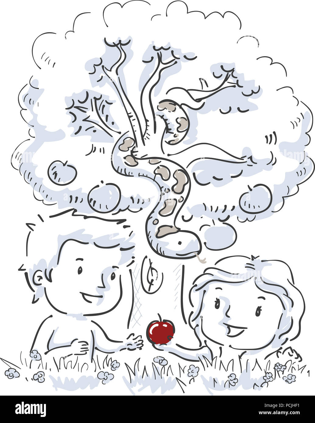 Illustration of Eve Giving an Apple to Adam In Front of the Snake Hanging from a Tree Stock Photo