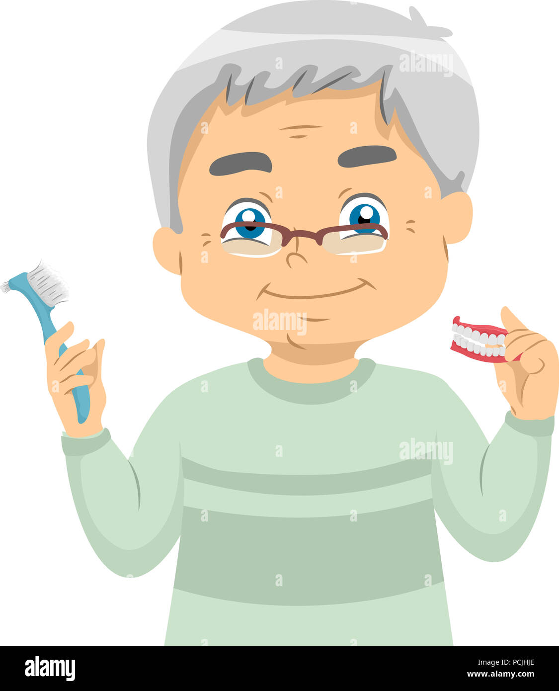 Illustration of a Senior Man Holding His Dentures and a Toothbrush ...