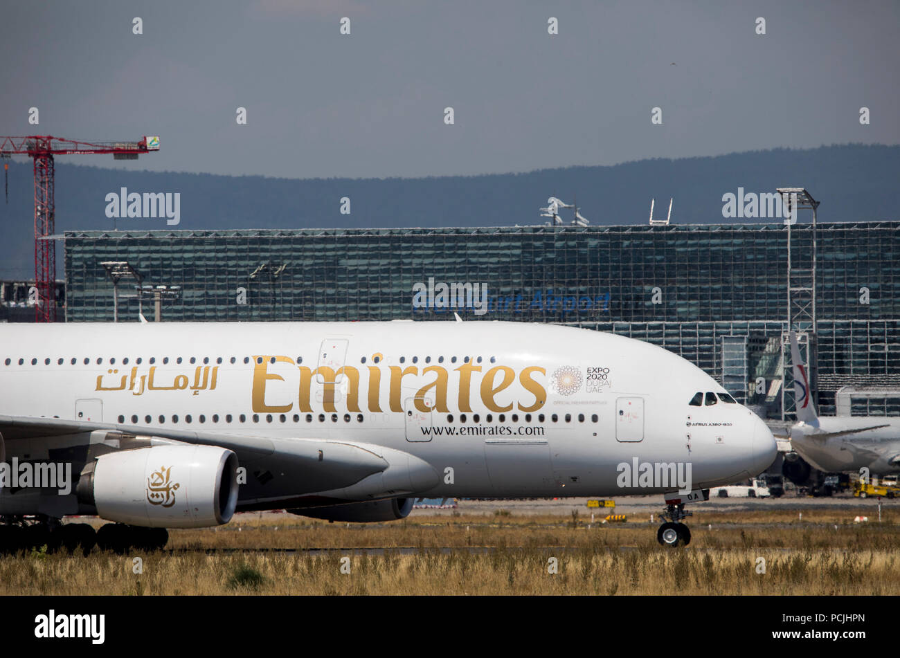 Frankfurt / Main Airport, FRA, Fraport, Emirates Airbus A380, Terminal 2 Building, Stock Photo
