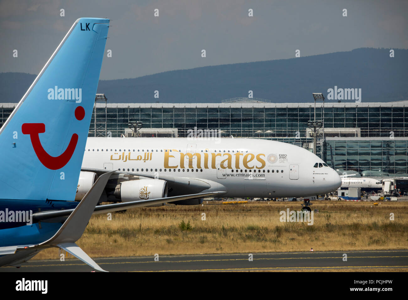 Frankfurt / Main Airport, FRA, Fraport, Emirates Airbus A380, Terminal 2 Building, Stock Photo