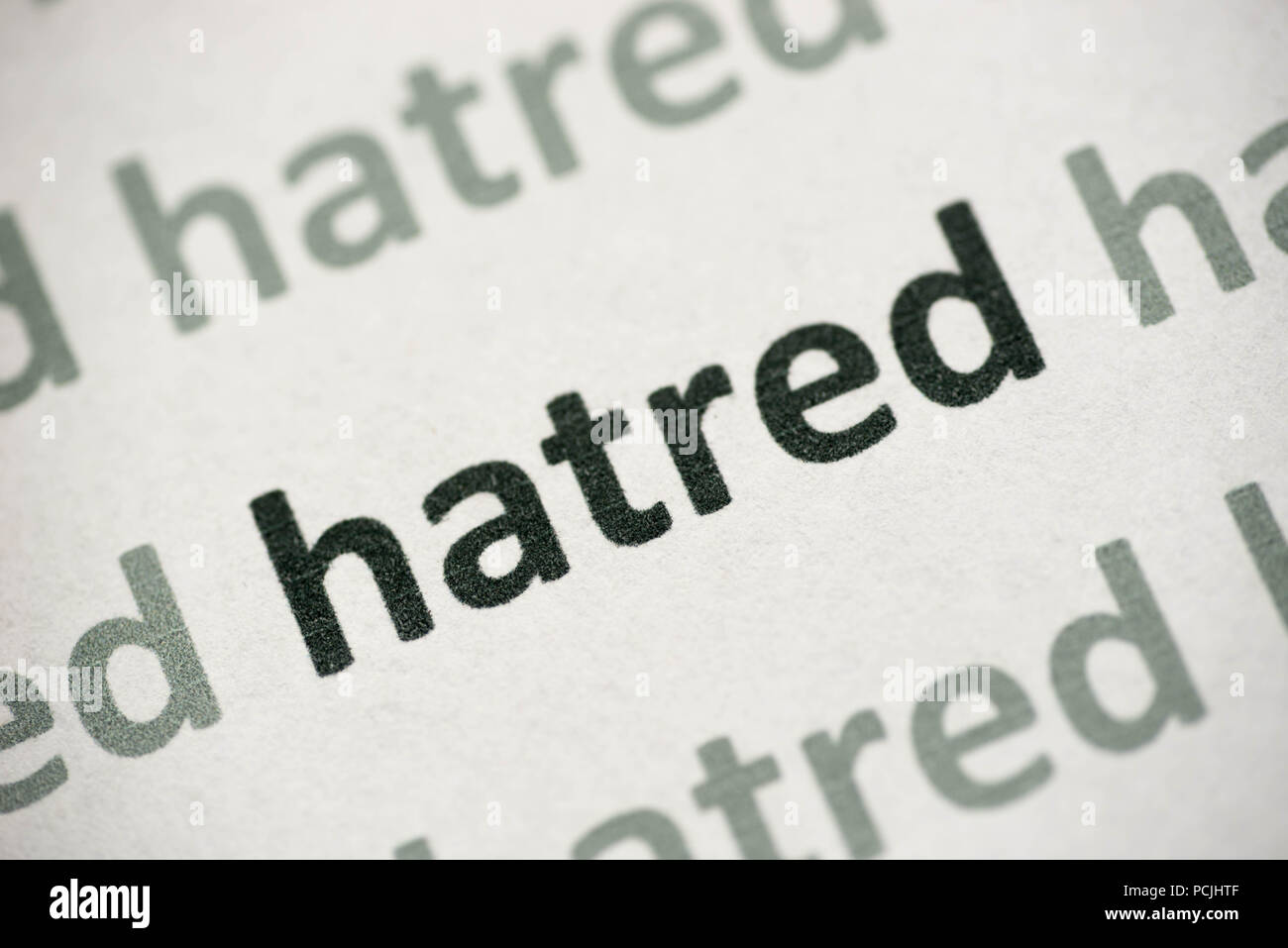 word hatred printed on white paper macro Stock Photo