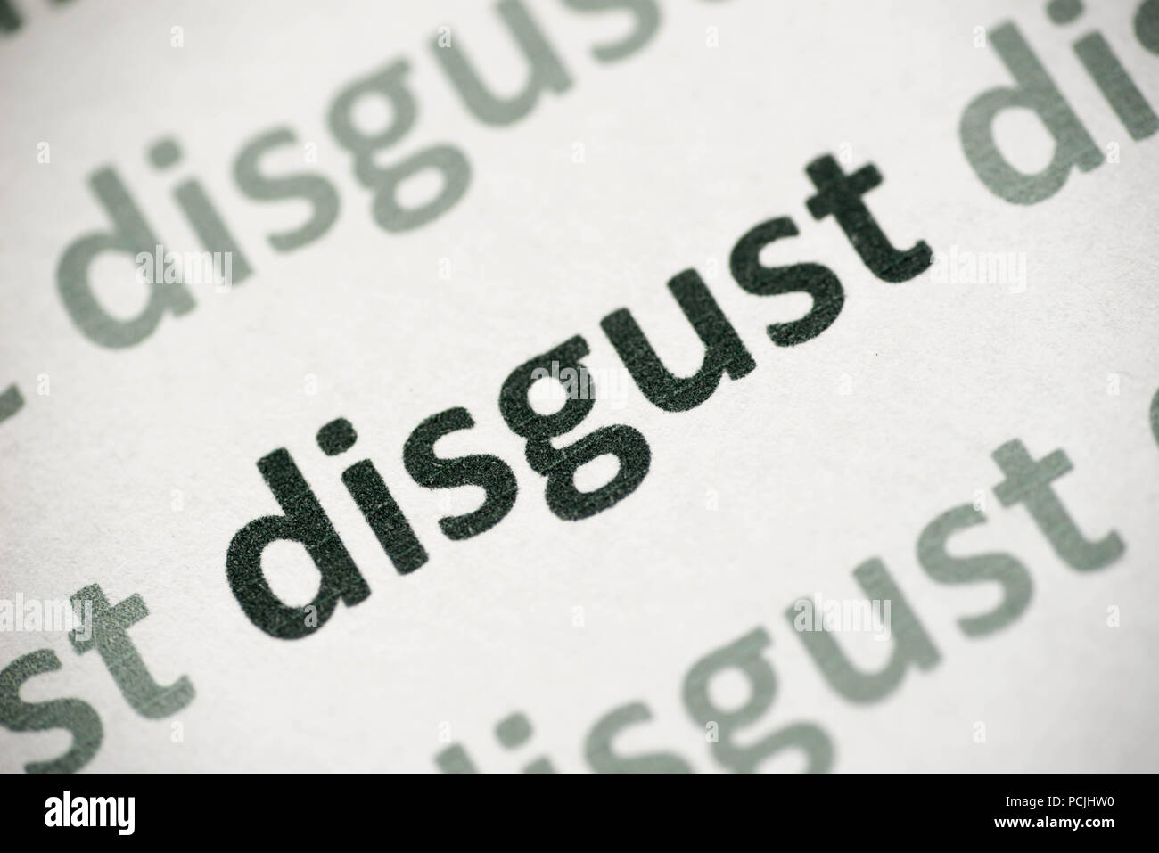 word disgust printed on white paper macro Stock Photo