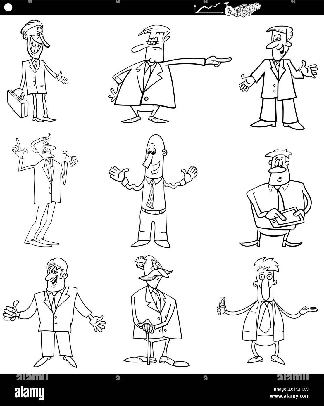 Black and White Cartoon Illustration of Funny Men or Businessmen Characters Set Stock Vector