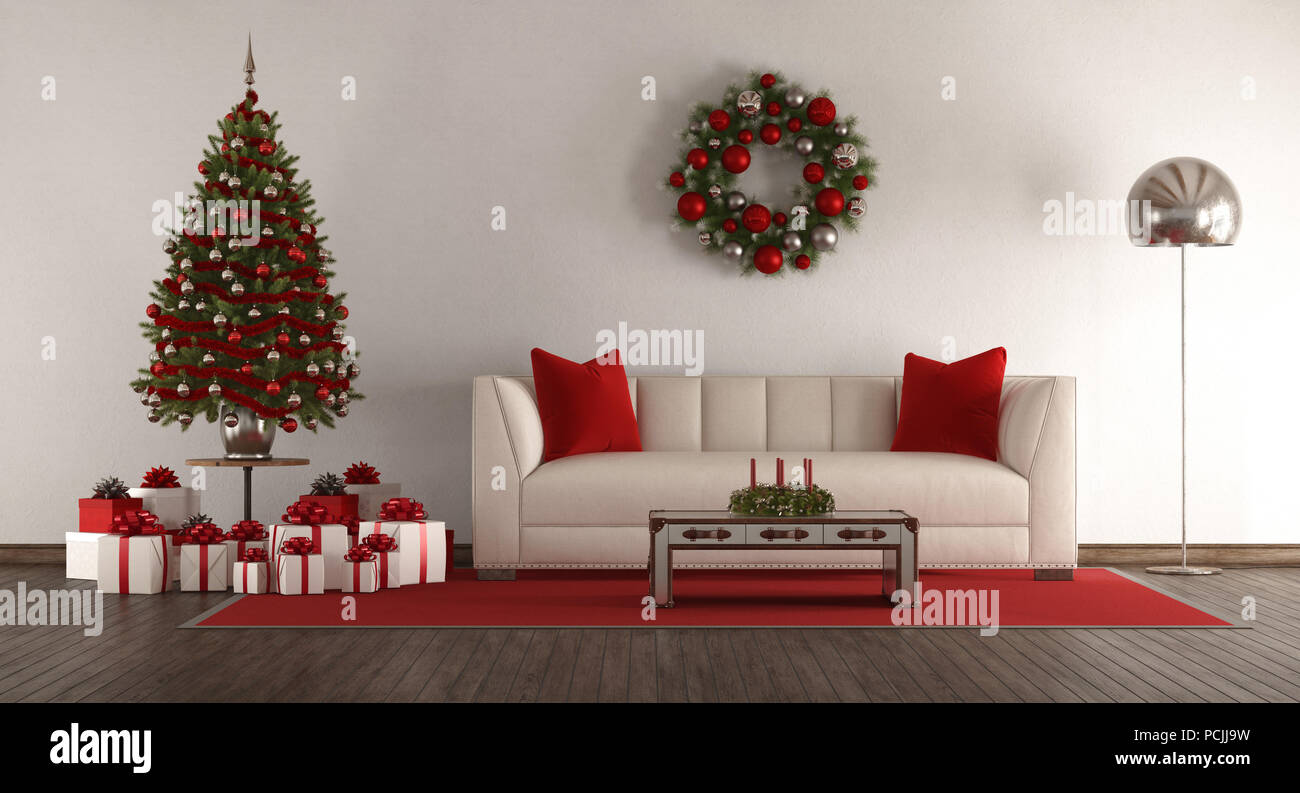 White living room with Christmas tree,gift and elegant sofa - 3d rendering Stock Photo