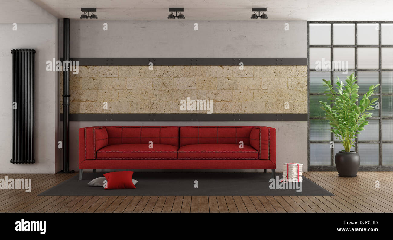 Living room with red sofa,stone wall and old windows - 3d rendering Stock Photo
