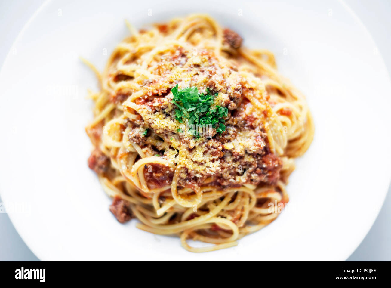 spaghetti pasta bolognaise bolognese with beef and tomato parmesan sauce dish Stock Photo
