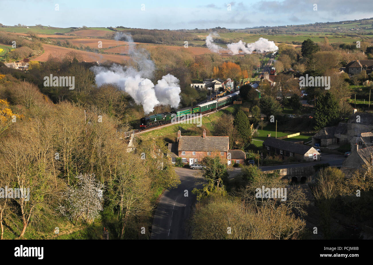 34053 & 34081 depart from Corfe Castle during the 'Strictly Bullied' steam gala on 1.4.17. Stock Photo