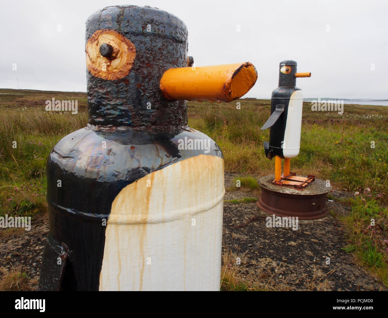 Penguin sculptures, Flotta, Orkney Stock Photo