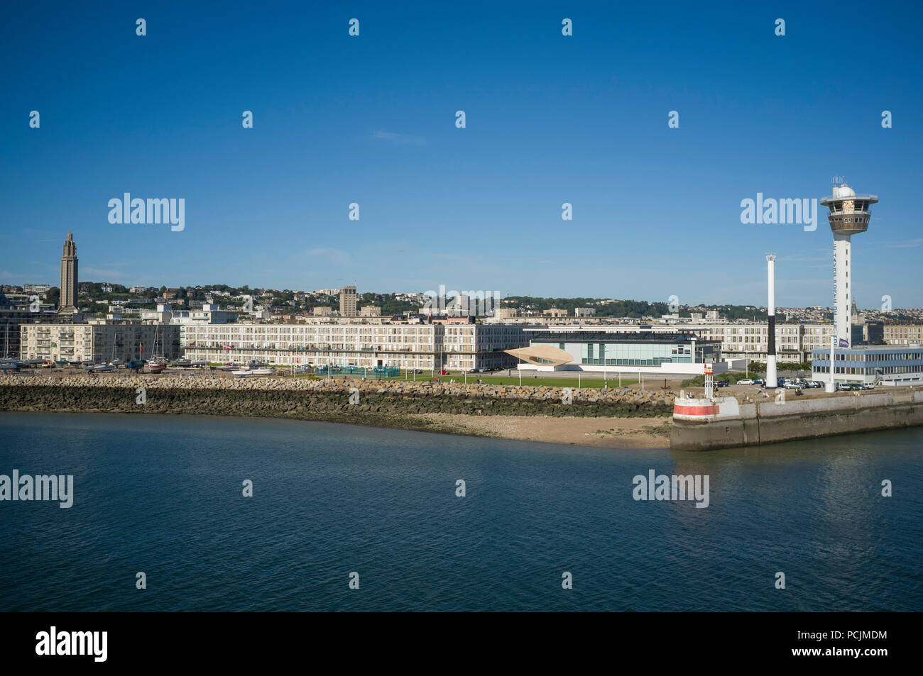 View of Le Havre from the sea showing the Musee Malraux and iconic apartments by Auguste Perret Stock Photo