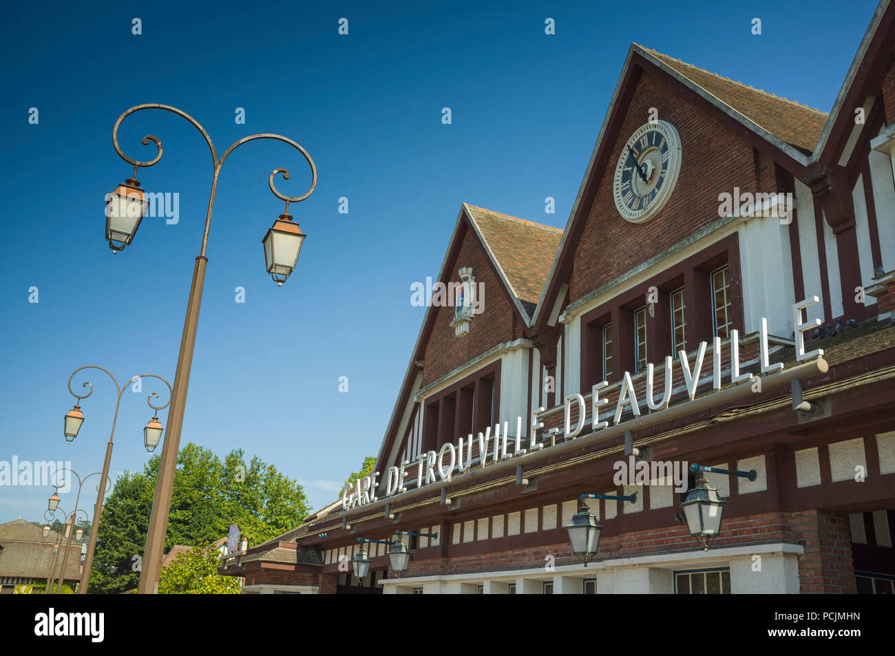 The stylish facade of the railway station or Gare de Trouville Deauville at Trouville-Deauville, Normandy, France. Stock Photo