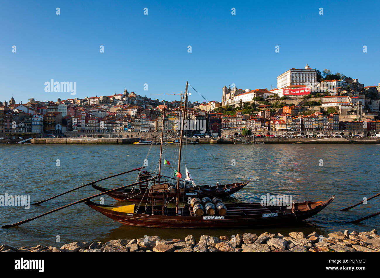 Porto, Portugal - October 4, 2010: View of the Ribeira Neighborhood and the Douro River with Rabelo Boats, in the city of Porto, Portugal Stock Photo