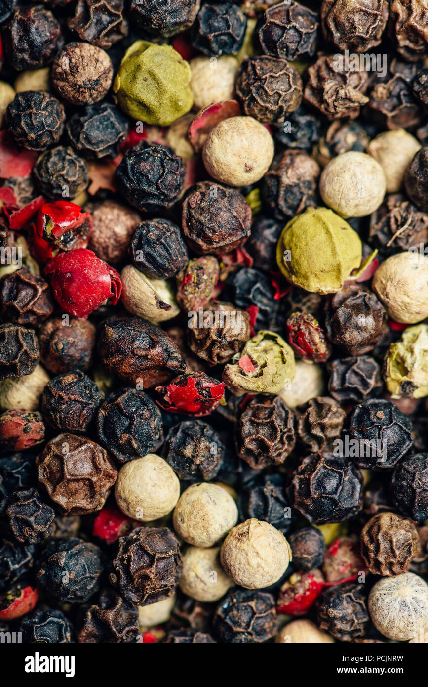 Background of Different Color Peppercorns. View from Above. Stock Photo