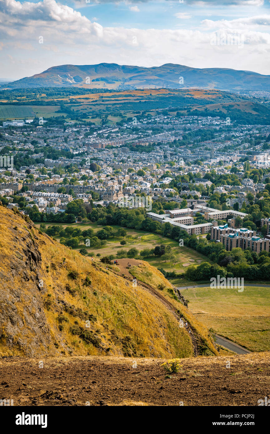 View of Newington and Blackford district with Pentland Hills Regional Park on the background from Arthur's Seat. Edinburgh, Scotland, United Kingdom. Stock Photo