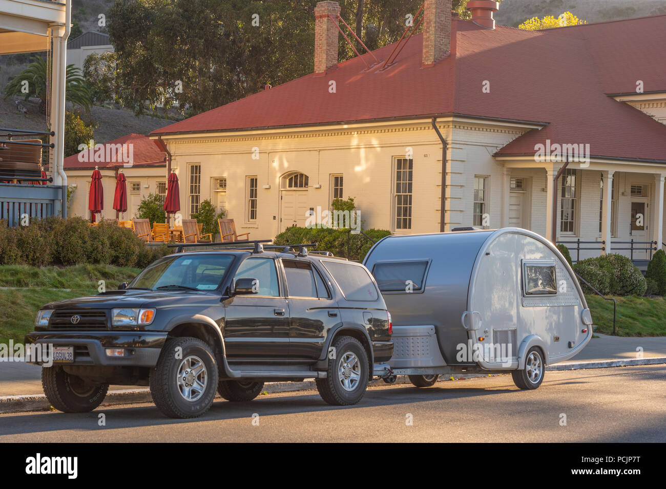 Camping travel trailer at Cavallopoint Lodge in Golden Gate National Recreation Area in San Francisco. Stock Photo