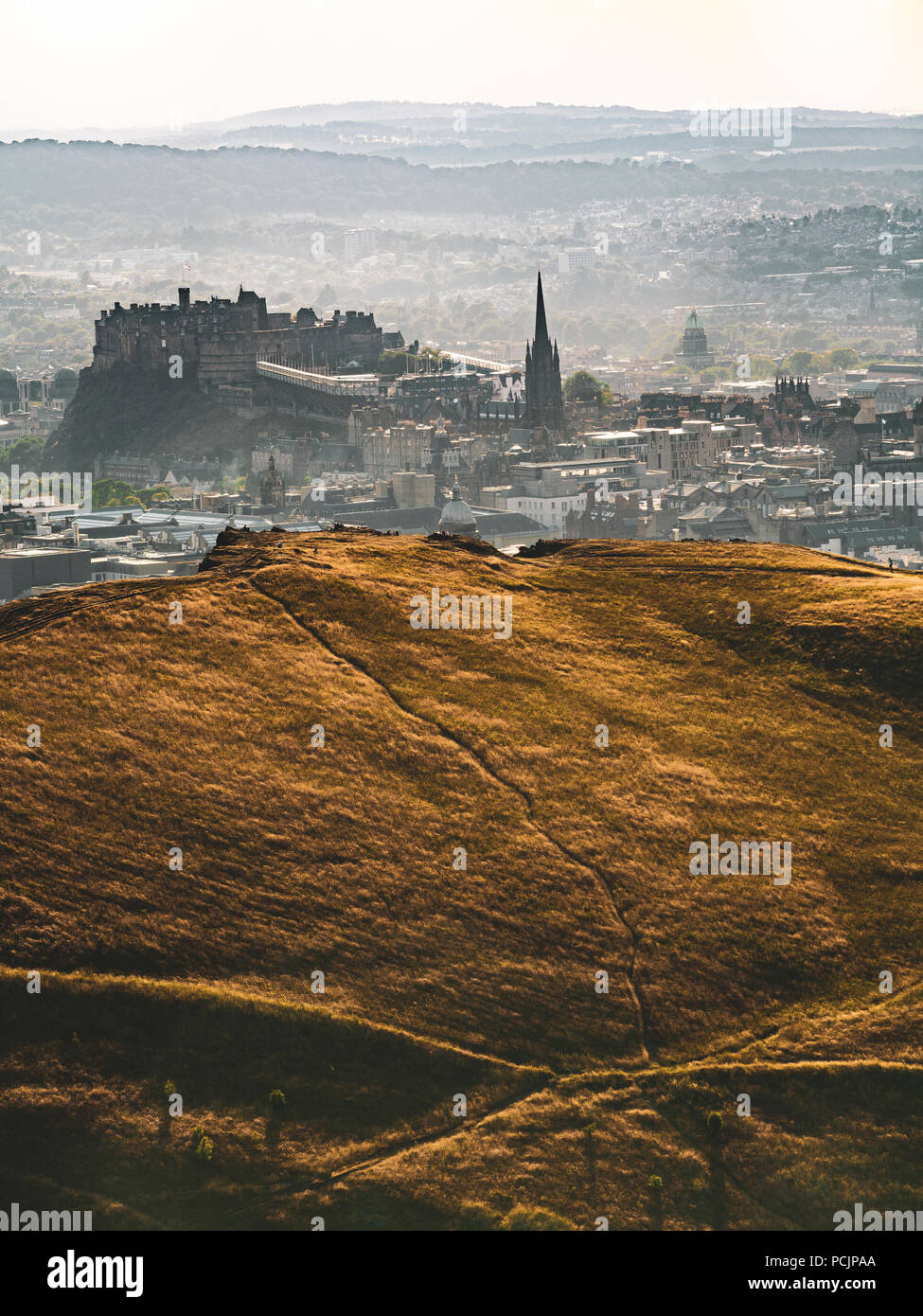 View of Edinburgh from Arthur's Seat in Holyrood Park. Scotland, United Kingdom. Stock Photo