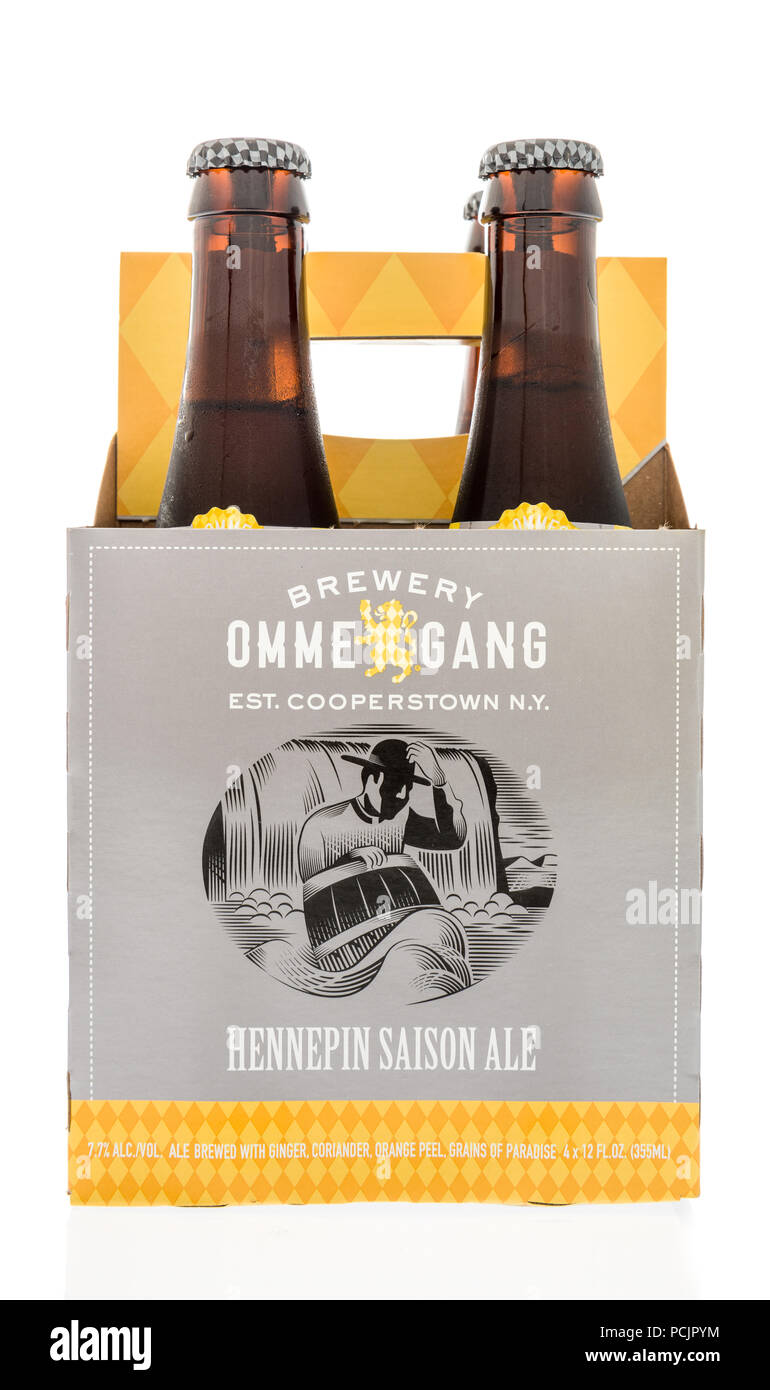 Winneconne, WI - 2 August 2018: A four pack of OmmeGang Brewery in Hennepin Saison ale flavor on an isolated background Stock Photo