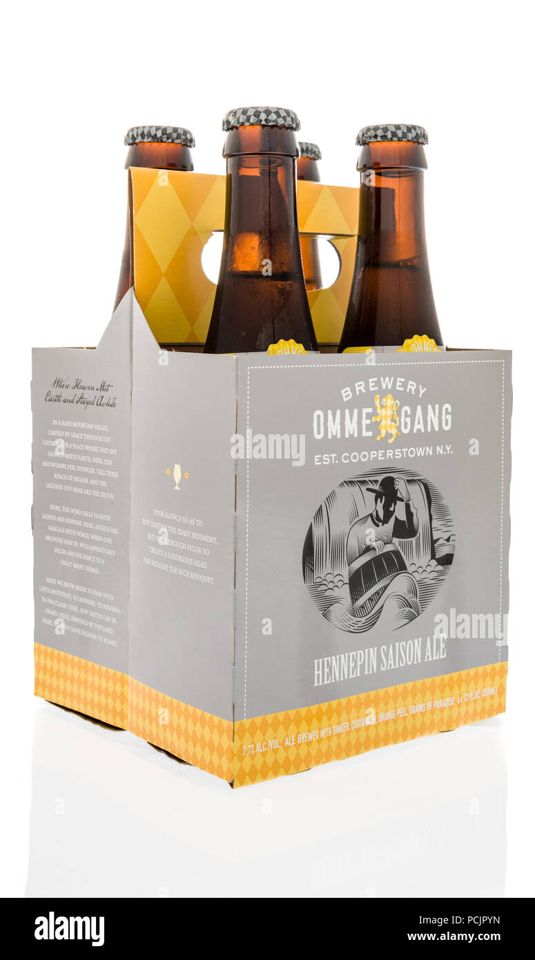 Winneconne, WI - 2 August 2018: A four pack of OmmeGang Brewery in Hennepin Saison ale flavor on an isolated background Stock Photo
