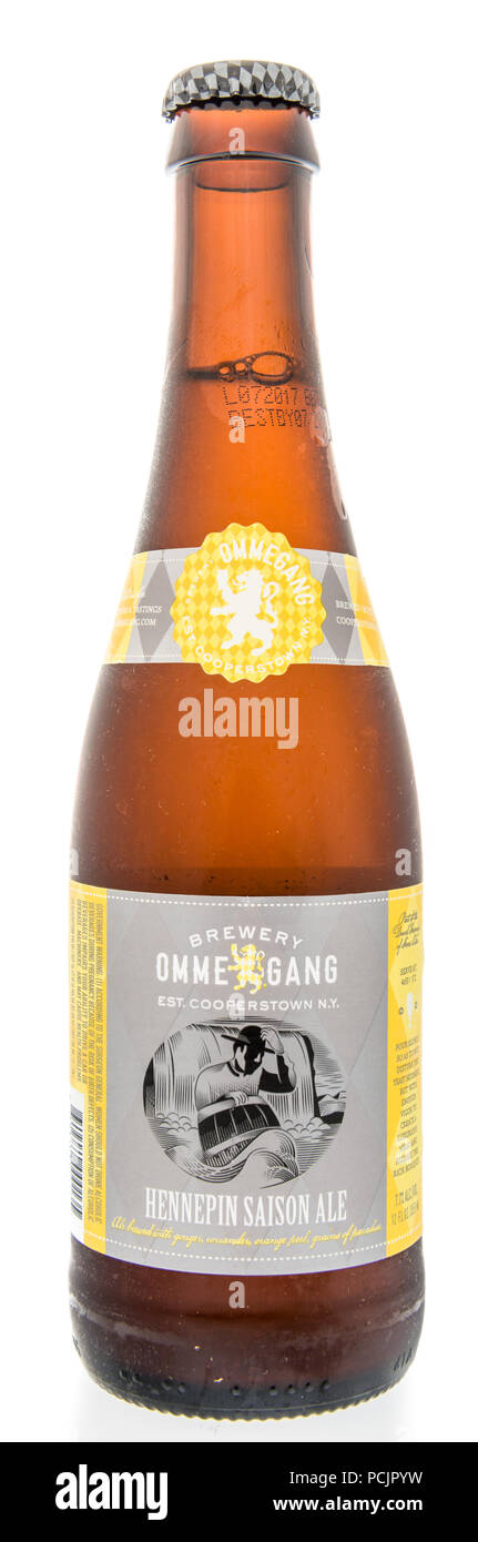 Winneconne, WI - 2 August 2018: A single bottle  of OmmeGang Brewery in Hennepin Saison Ale flavor on an isolated background Stock Photo