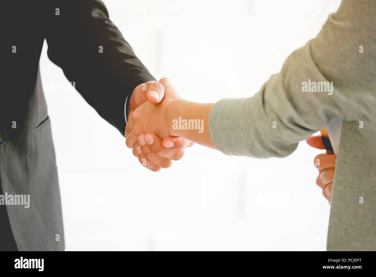 Close up businesswomen handshaking with businessman partner handshaking successful concept Stock Photo