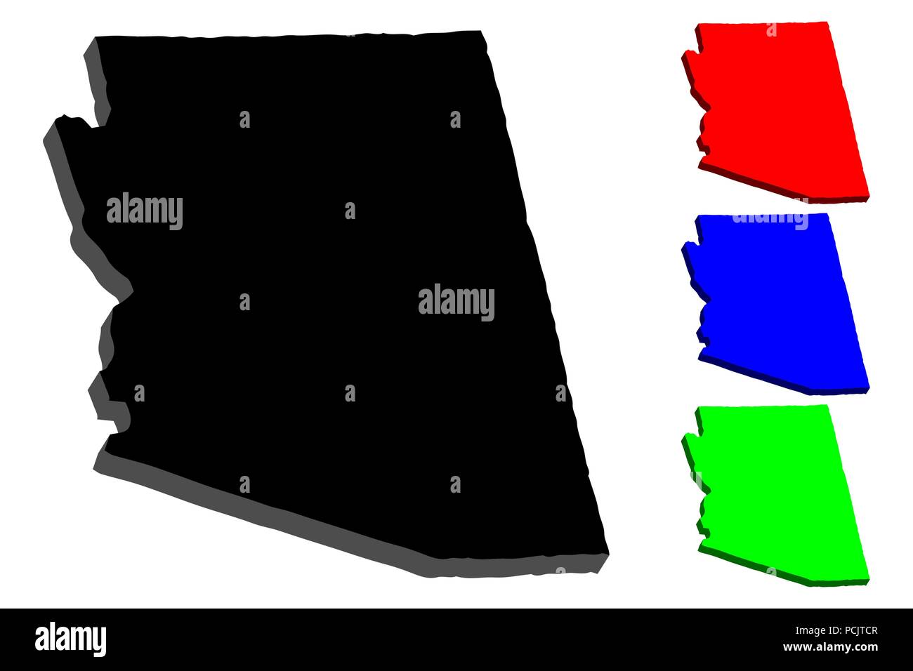 3D map of Arizona (United States of America) - black, red, blue and