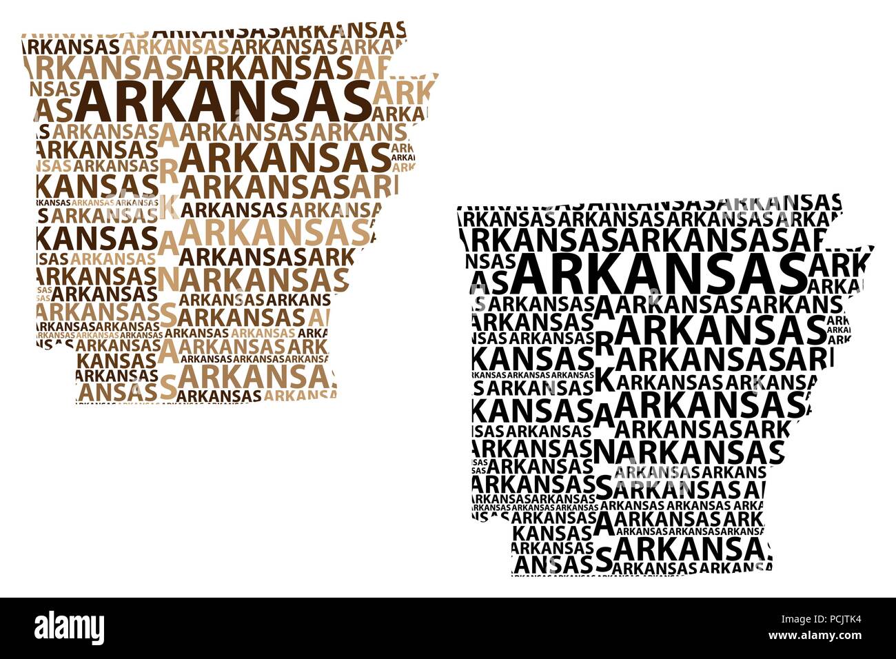 Sketch Arkansas (United States of America, The Natural State, The Bear State) letter text map, Arkansas map - in the shape of the continent, Map Arkan Stock Vector