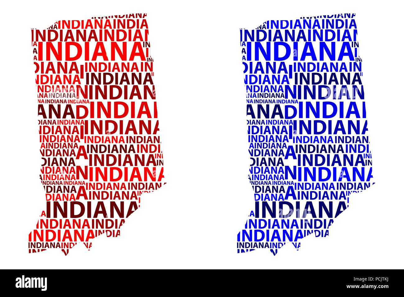 Sketch Indiana (United States of America) letter text map, Indiana map - in the shape of the continent, Map Indiana - red and blue vector illustration Stock Vector